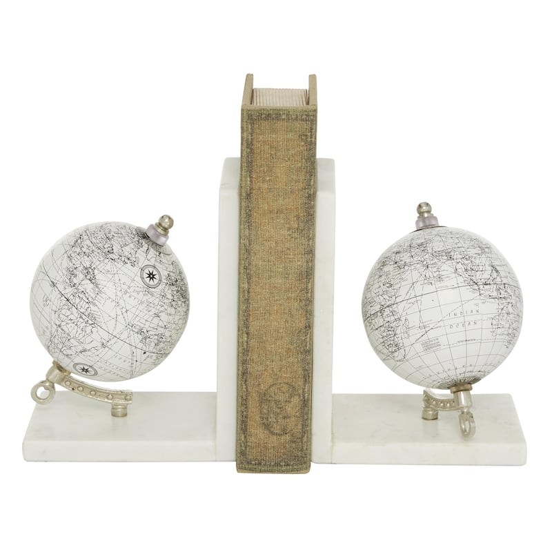 Marble Globe Decorative Bookends with Silver Metal Accents - Set of 2 White - Roche River Decor - White
