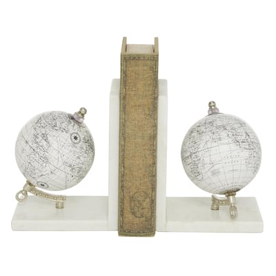 Marble Globe Decorative Bookends with Silver Metal Accents - Set of 2 White - Roche River Decor