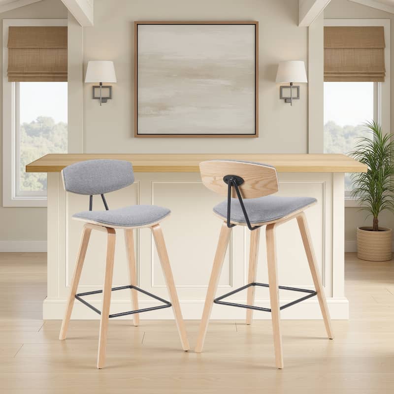 Fox Mid-Century Bar Stool, Upholstered Counter Height Chair with Bentwood Legs - Set of 2 - Grey Fabric & Oak - Bar Height