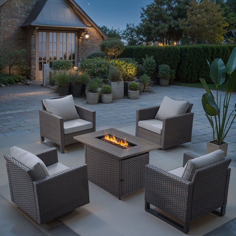 Outdoor Fire Pit Table with Patio Funiture - Brwon Wicker Beige Cushion - 5PCS Chair w/ Fire Table
