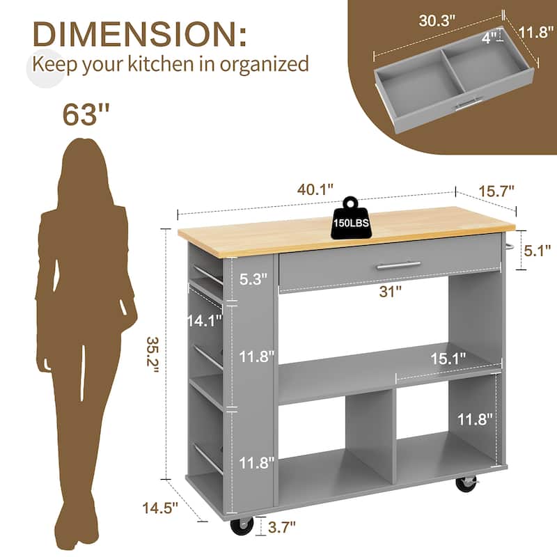 Kitchen Island with Towel Rack – Mobile Cart with Rubber Wood Top, Easy-Glide Storage