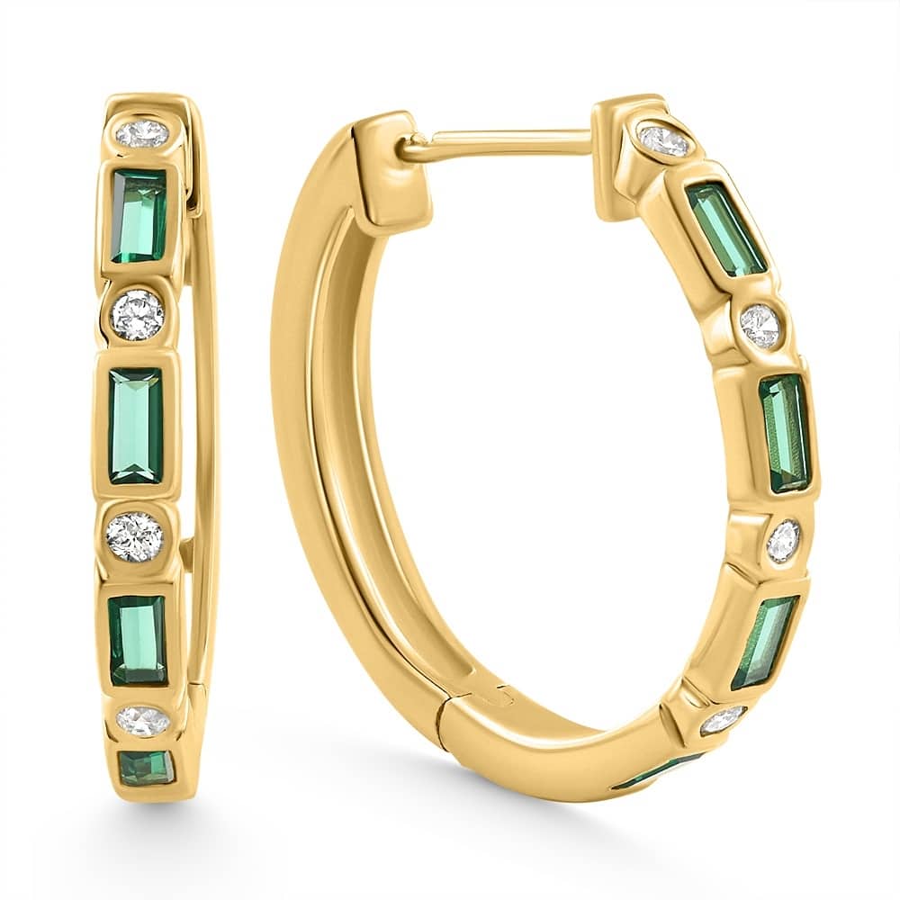 Bliss Diamond 1/2Ct Emerald & Diamond Crown Jewel Hoops Yellow Gold Earrings Lab Grown 3/4"