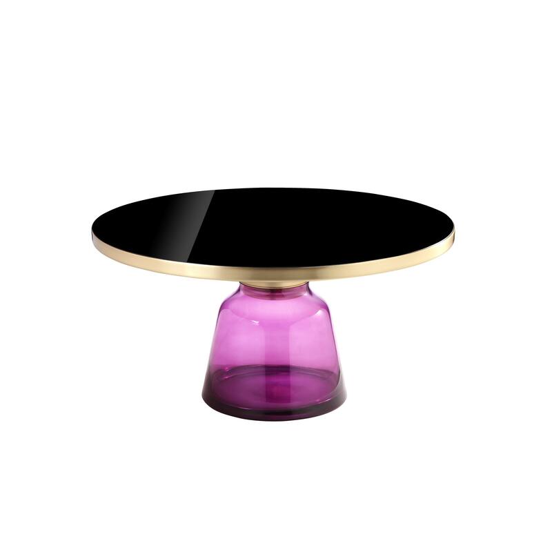 Len 30 Inch Coffee Table, Purple Blown Glass Bell Base, Funnel Gold Steel