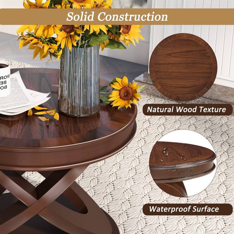 Retro Round Solid Wood End Table with X-Shape Base for Living Room Use