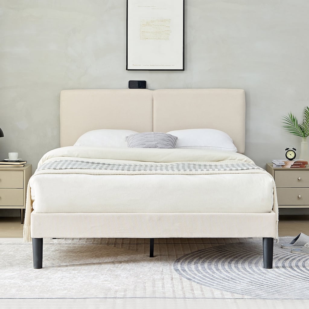 Javlergo Upholstered Platform Bed Frame with 2 USB Charging Station & Adjustable Headboard, No Box Spring Needed