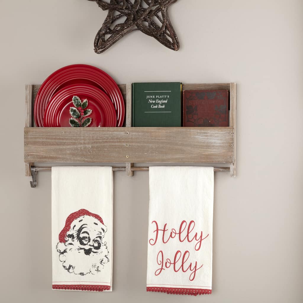 Chenille Christmas Holly Jolly Bleached White Muslin Tea Towel Set of 2 19x28 - Tea Towel 28x19