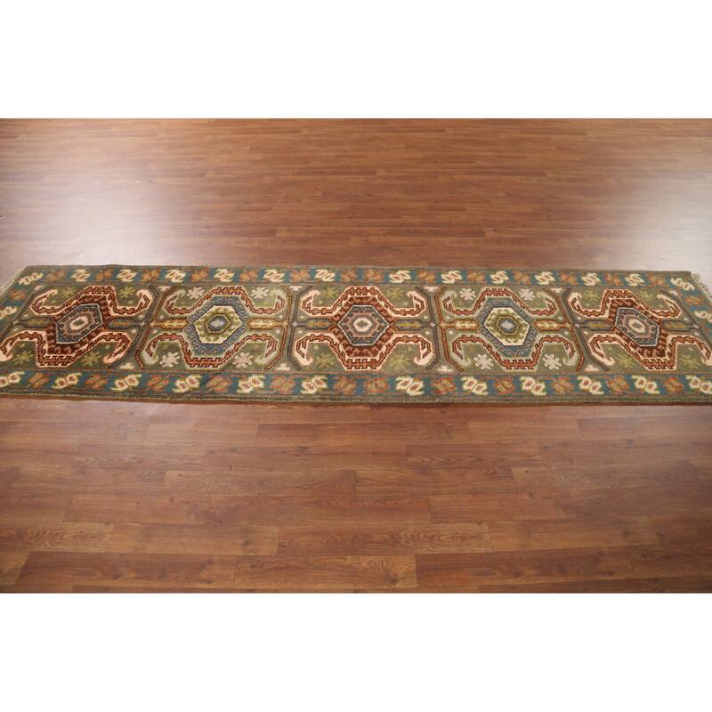 Green Geometric Kazak Runner Rug Hand-Knotted Traditional Wool Carpet - 2'8"x 9'8"