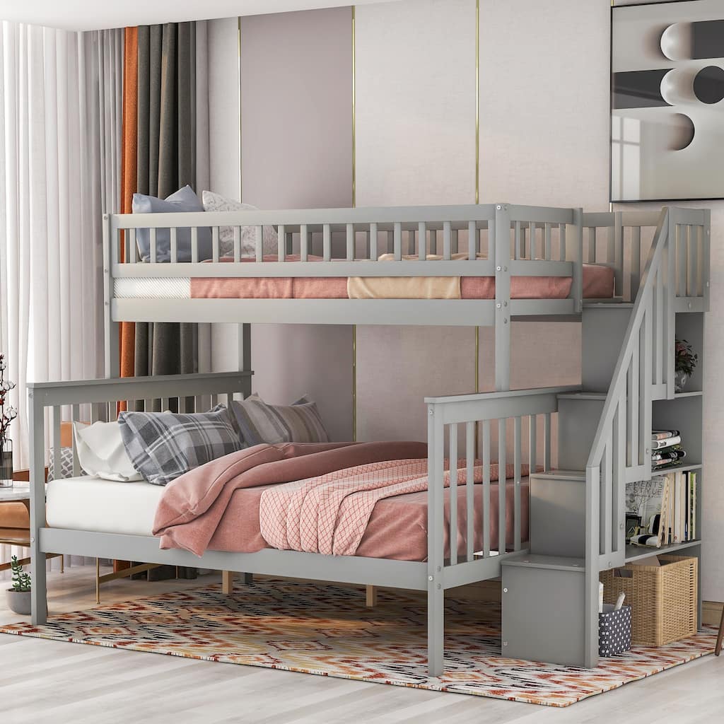 Twin Over Full Stairway Bunk Bed with Shelves, Convertible to Two Beds, No Box Spring Needed