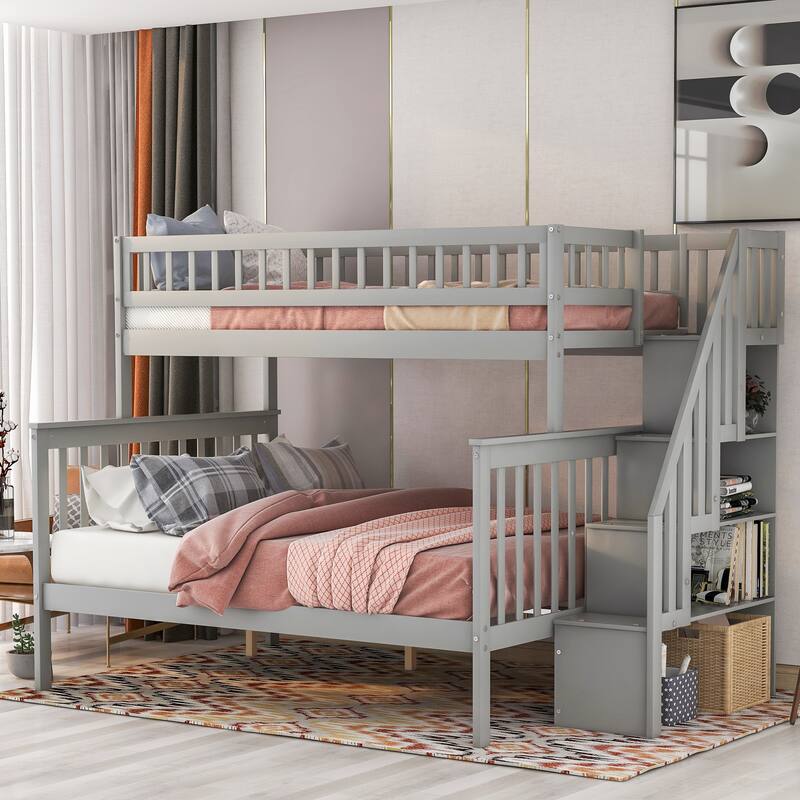 Wood Twin Over Full Bunk Bed with 2 Drawers & Storage Stair for Kids