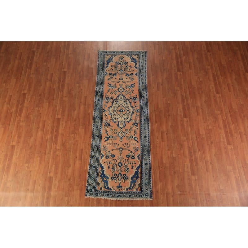 Orange Medallion Hamedan Persian Runner Rug Handmade Wool Carpet - 3'2"x 9'4"