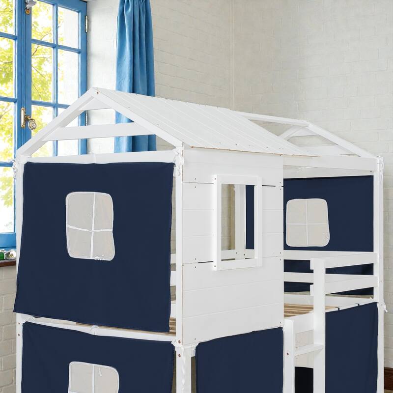 Twin/Full Wood House Bunk Bed with Tent, Playhouse Design, Windows & Roof, Solid Wood Frame, No Box Spring Required