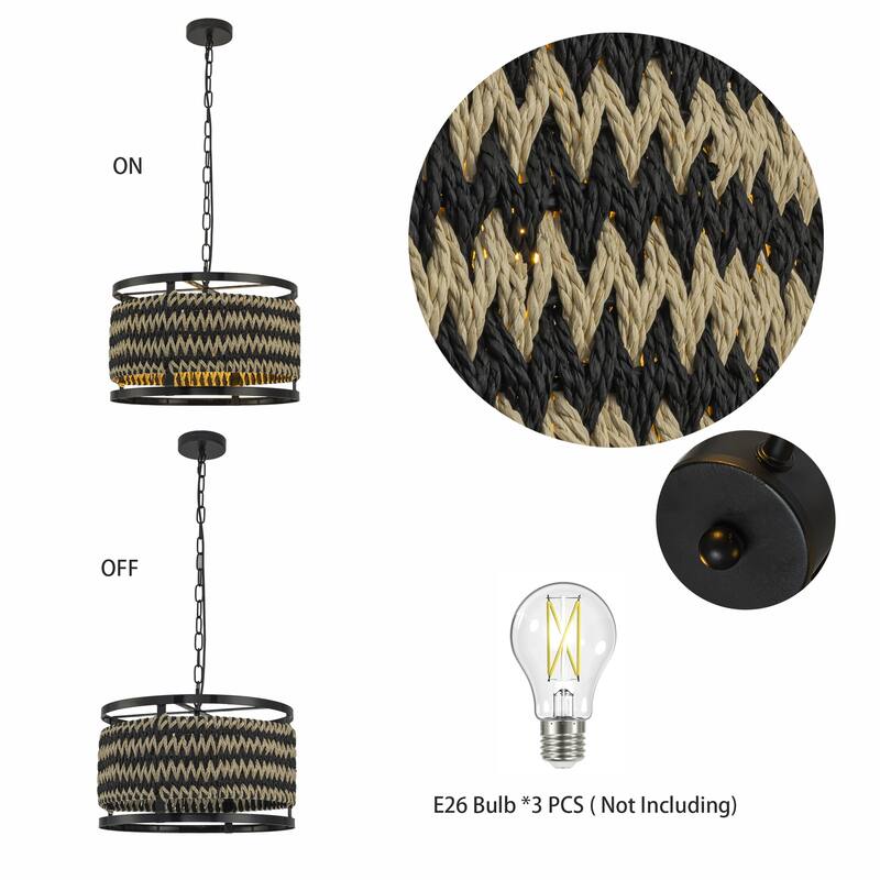 Inca 3-Light Rattan Hemp Drum Pendant, Scandi Coastal Boho - Handwoven - 18" Wide