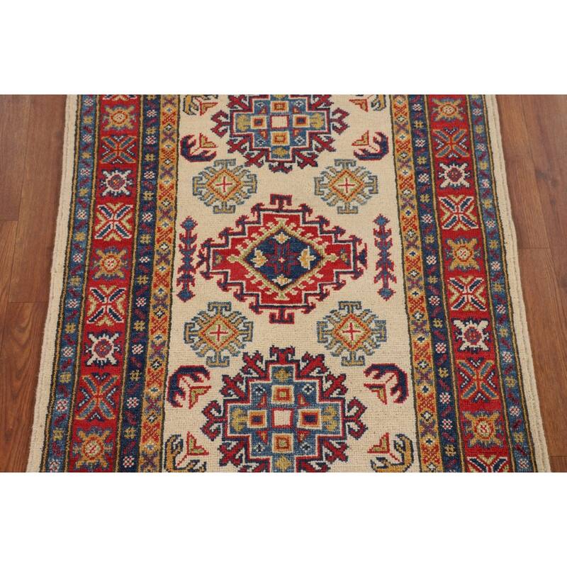 Geometric Beige Kazak Accent Rug Handmade Wool Carpet - 2'7" x 3'11"