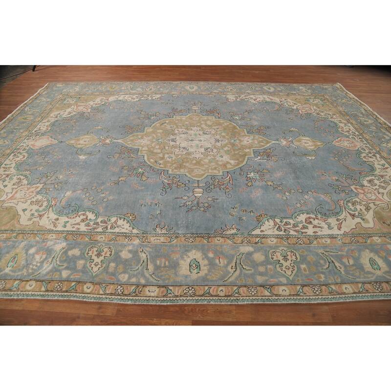 Blue Tabriz Persian Vintage Area Rug Hand-Knotted Wool Carpet - 9'6" x 12'8"