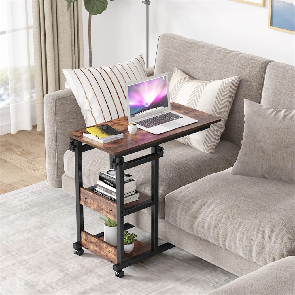 Height Adjustable C Table, Sofa Side Tables, Mobile End Table with Storage Shelves