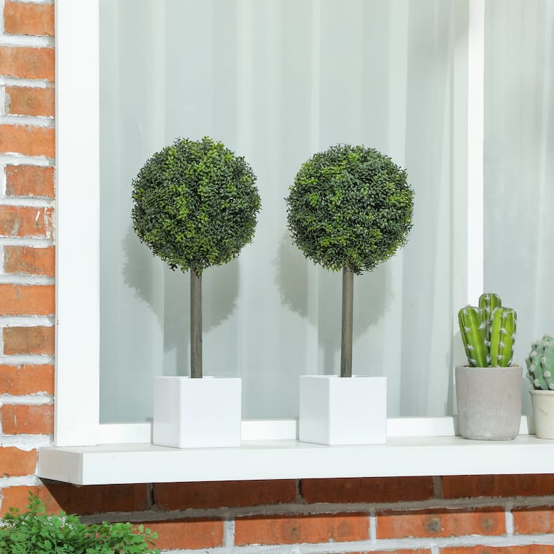 HOMCOM Lifelike Artificial Plants Set of 2, 1.5FT Fake Boxwood Topiary Balls with 114 PE Leaves, Potted Faux Trees, Green - Polyester - Green