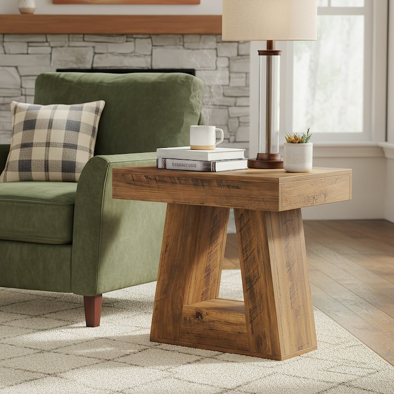 24" Modern Side Table, 2-Tier Narrow End Table with Trapezoid Base - Brown - 2 Packs