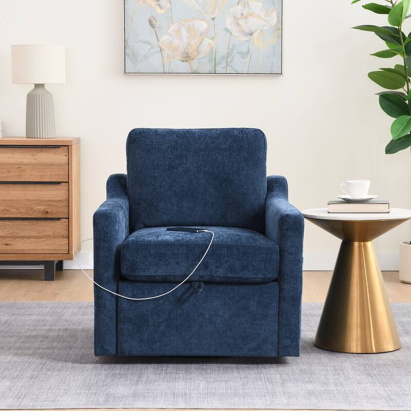 Swivel Arm Chair with Soft Chenille Fabric, Comfy Accent Chair With USB+TYPE-C charging and book pocket, 1 PC