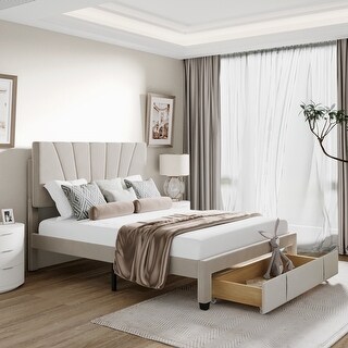Queen-size Upholstered Velvet Storage Bed with A Drawer - Beige