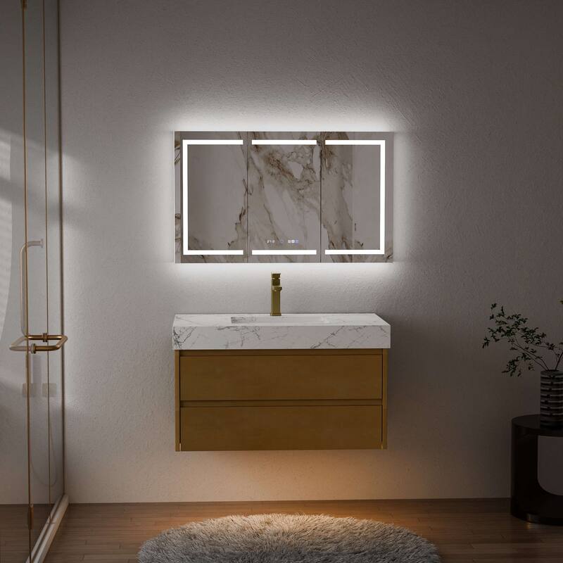 Modland 36" Floating Modern Bathroom Vanity with Single Sink,Maple Wood Wall Mounted Vanity with Marble Countertop - 36 Inch