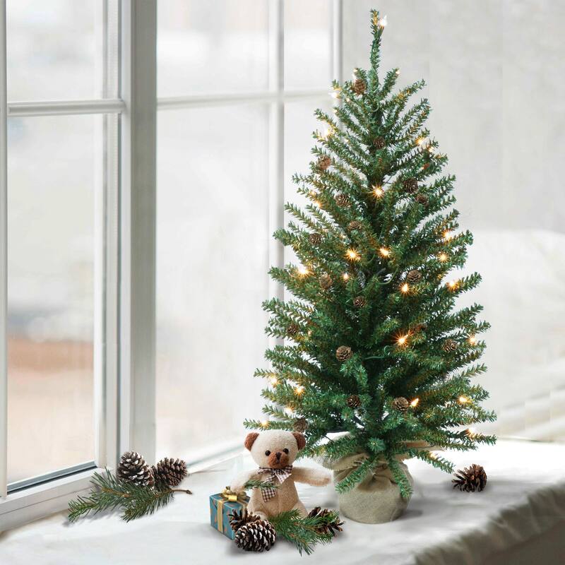 Pre-lit Artificial Fir with Pines Cones Slim Christmas Tree - 4’ - Clear Lights - 4 Foot