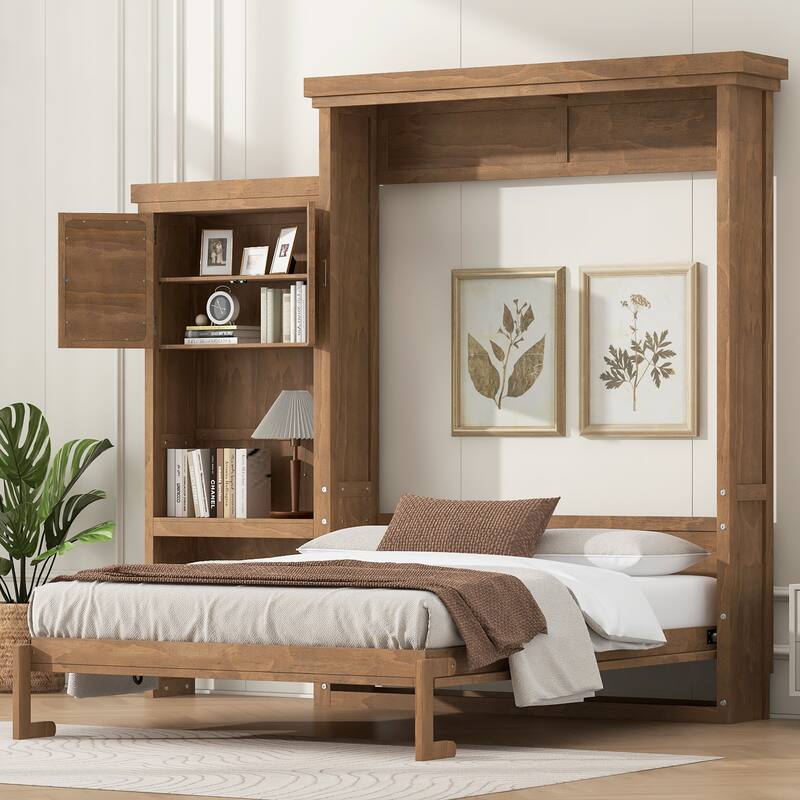 Queen Size Murphy Bed Convertible Louvered Style Cube Cabinet Foldable Platform Bed with Side Storage Bookcase Cabinet Shelves