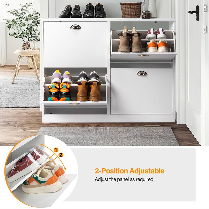 White Shoe Cabinet with 8 Large Drawers and Adjustable Storage Rack for Entryway and Hallway - 40.16”W x 9.84”D x 30.91”H
