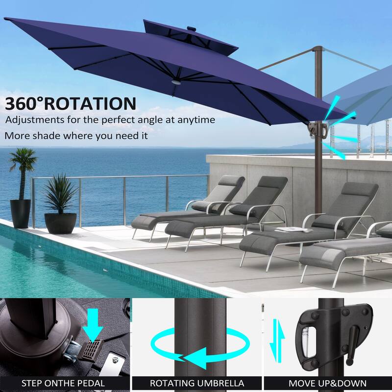 11 FT Square Outdoor Patio Cantilever Umbrella with Solar Lights 4-Piece Premium Base Double Canopy 360 Rotation Tilt