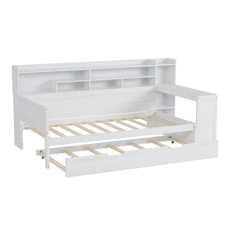 Full Size Daybed with Storage Shelves, Multi-Functional Bed with Twin Trundle and Built-In Study Desk, Space-Saving Design