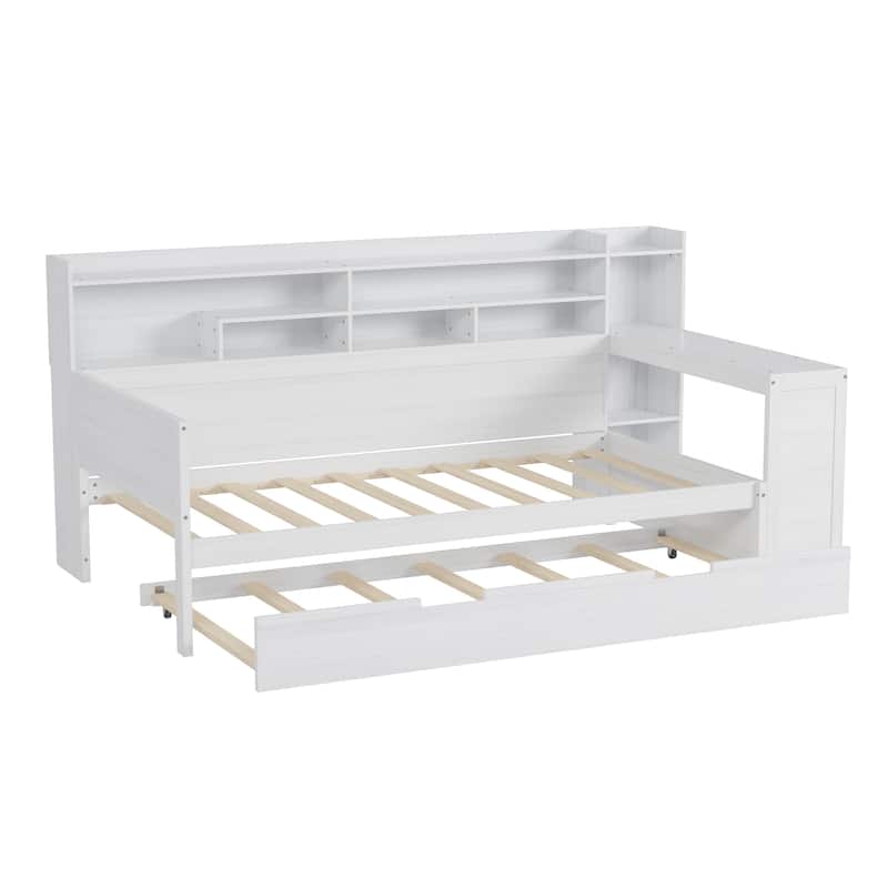 Wooden Twin Size Daybed with Storage Shelves, Multi-functional Bed with Twin Size Trundle Bed and Study Desk