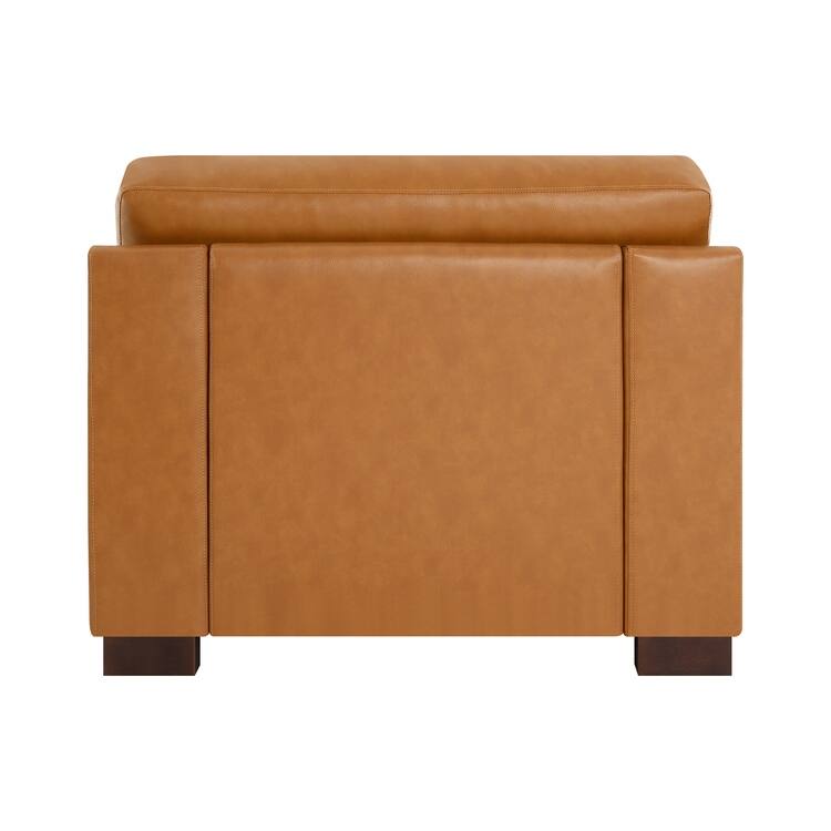 Genuine Leather Accent Chair - Luxurious Comfort Goose Feather Cushion Filling Square Arm Design Sturdy Block Legs