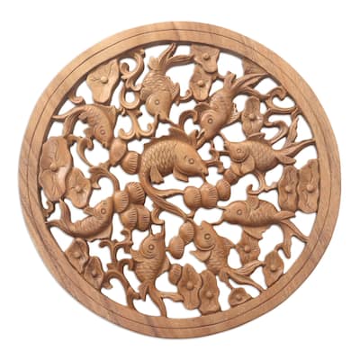 Novica Handmade Golden Fish Pond Wood Relief Panel
