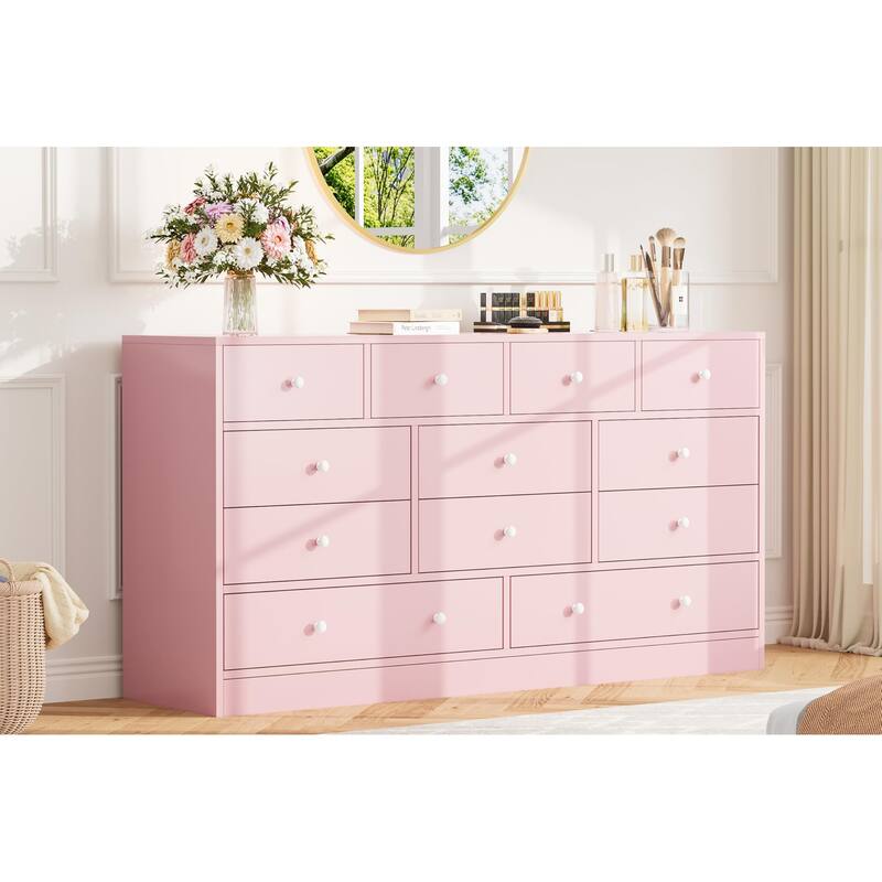 12 Drawer Dresser for Bedroom with Power Outlet, 61 Inch Wooden Storage Cabinet - Pink