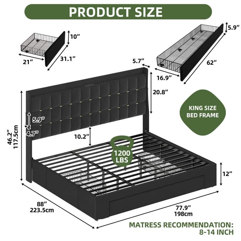 Moasis King Size Velvet Platform Bed with 4 Drawers,Bed Frames with RGB Light & Built-in Charging Station - Black-3 Drawers - King