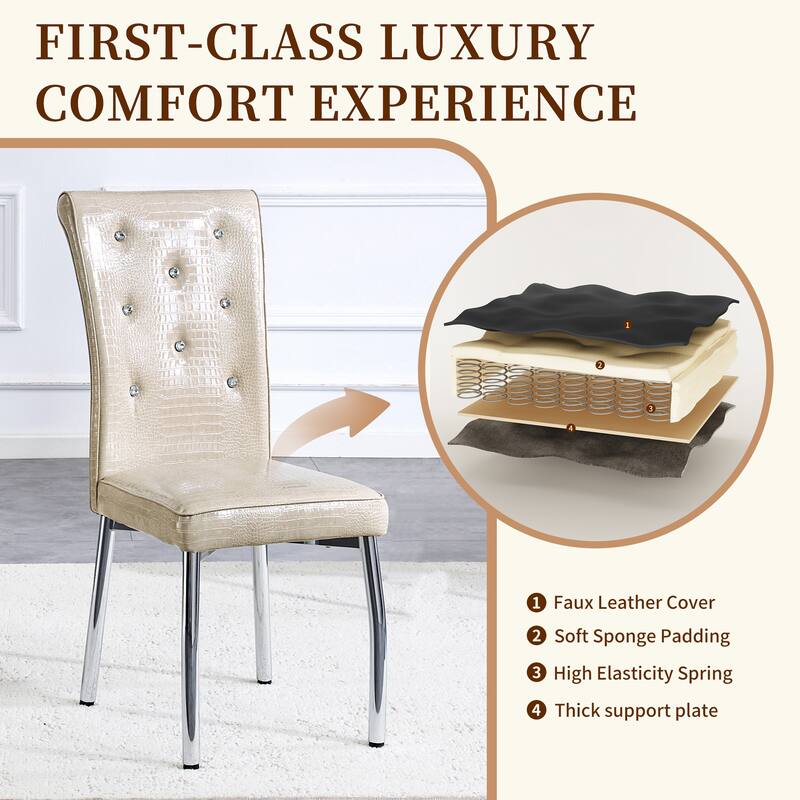 A set of 4 white and black vintage crocodile leather cushioned dining chairs, featuring crystal clasp design and leather