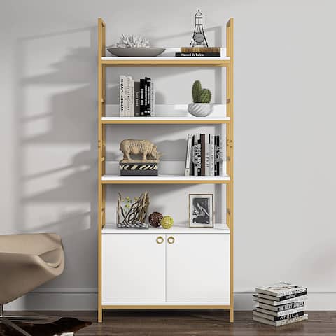 4 Tier bookcase with door white Etagere standard bookcase with cabinet