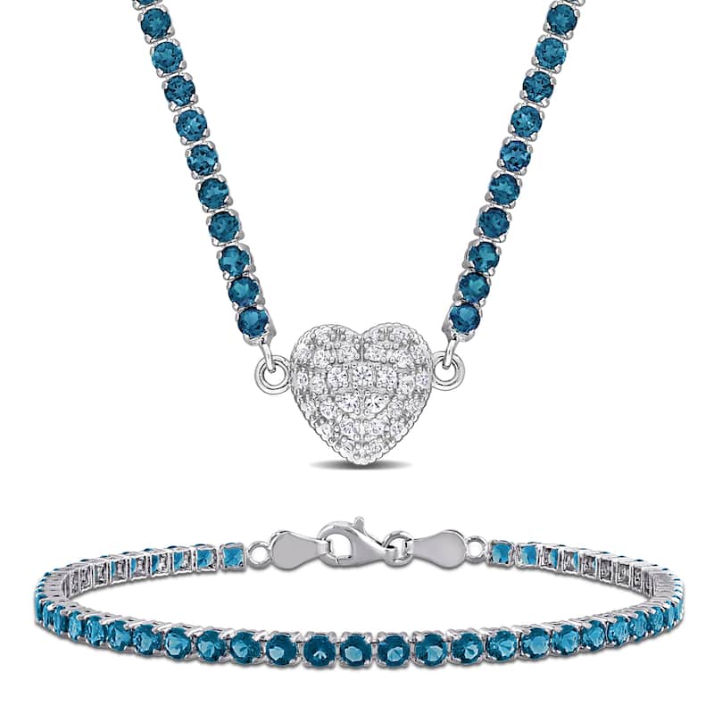 Miadora 17 1/2ct TGW London Blue Topaz Created White Sapphire Necklace Bracelet Set in Sterling Silver