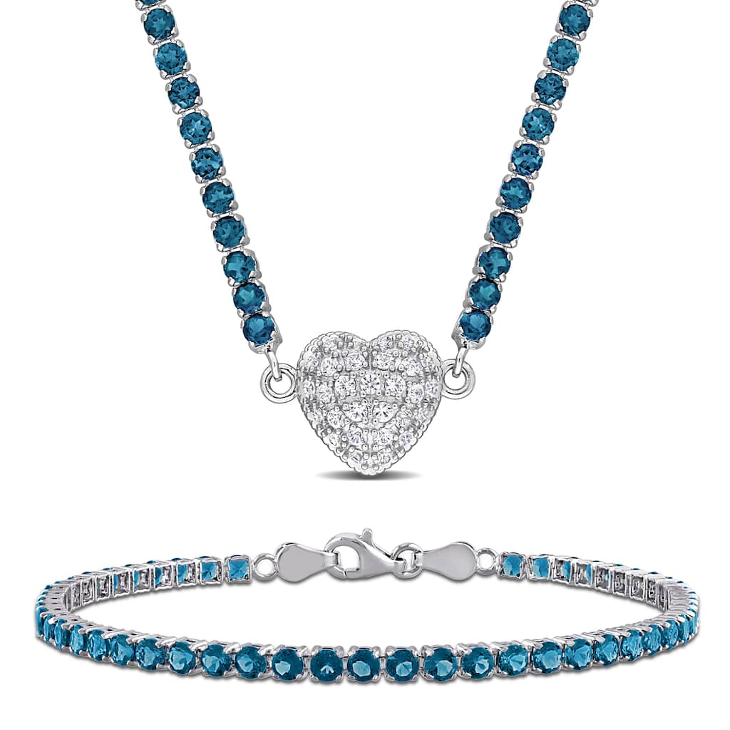 Miadora 17 1/2ct TGW London Blue Topaz Created White Sapphire Necklace Bracelet Set in Sterling Silver