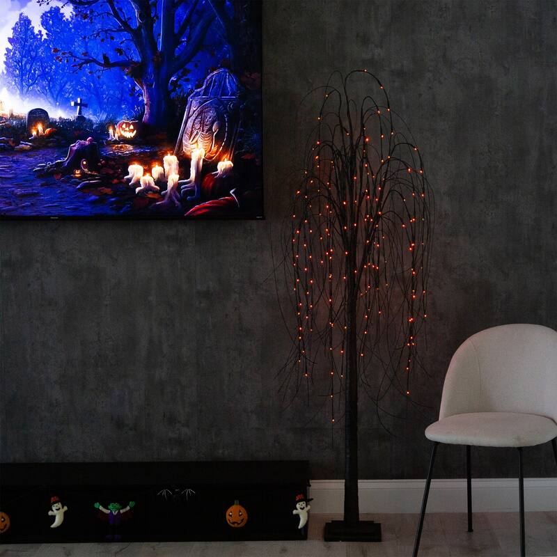 Pre-Lit Artificial Black Willow Halloween Tree - 6' - Dual Color LED Lights - 3-to-6-feet