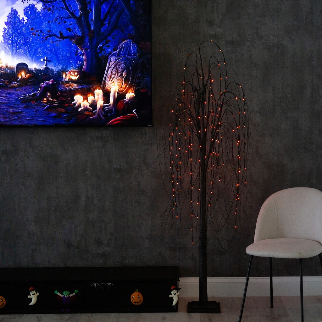 Pre-Lit Artificial Black Willow Halloween Tree - 6' - Dual Color LED Lights - 3-to-6-feet