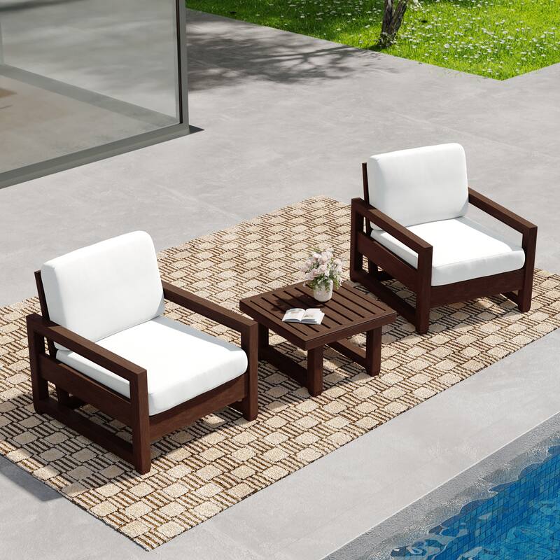 3-Piece Teak Wood Chair Outdoor Patio Conversation Set with Table