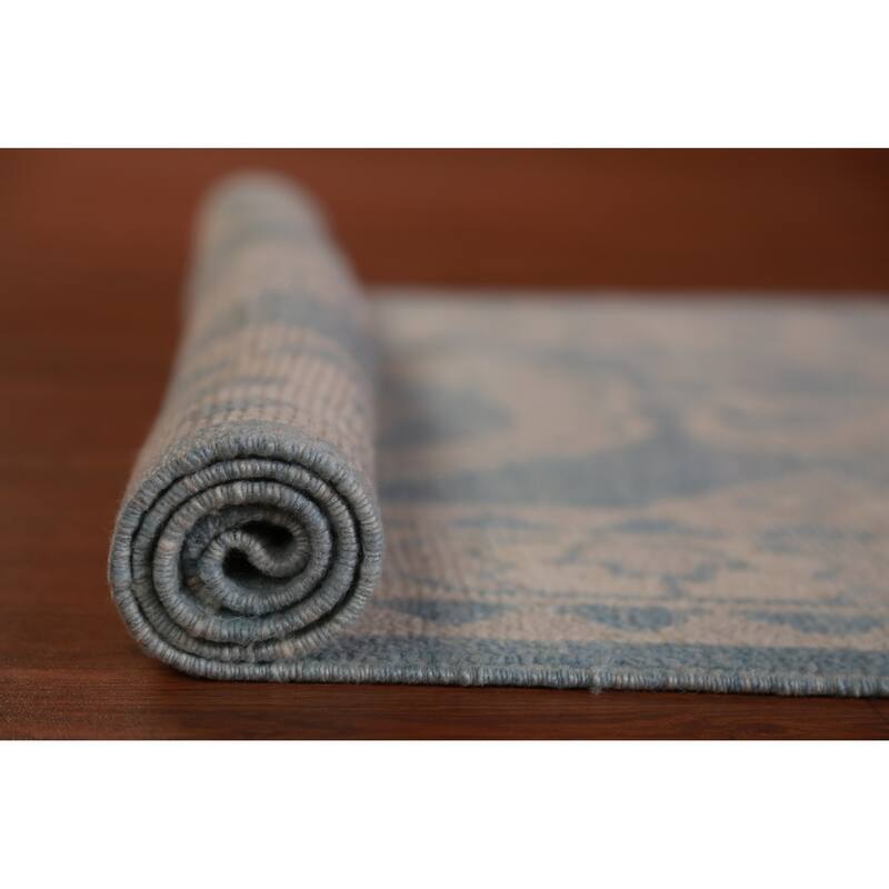 Hand Knotted Oriental 100% Wool Carpet Transitional Geometric Navy Blue & Blues Oushak Runner Rug - 18' 10'' X 3' 5''