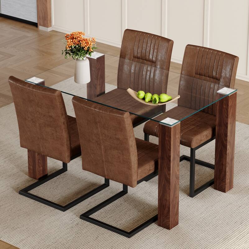 5-Piece Dining Set for 4, Rectangular Glass Table & 4 Chairs wtih Wood Legs, Kitchen Table & Chairs Set for Small Spaces - Brown+Black,Transparent,Walnut