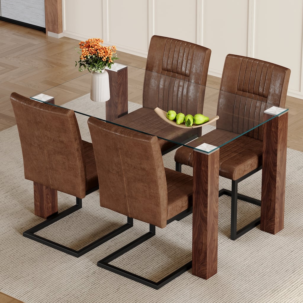 5-Piece Dining Set for 4, Rectangular Glass Table & 4 Chairs wtih Wood Legs, Kitchen Table & Chairs Set for Small Spaces