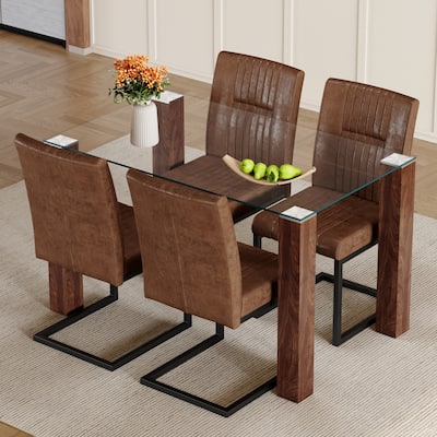 Roomfitters 5pcs Glass Dining Table Set with Walnut MDF Legs and Ergonomic Technology Fabric Chairs, Brown