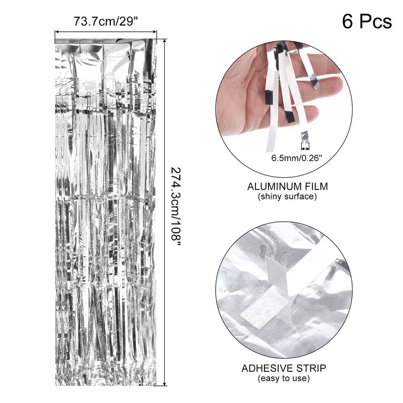 6 Pack 29x108 Inch Silver Metallic Foil Fringe Tinsel Table Skirts - Silver