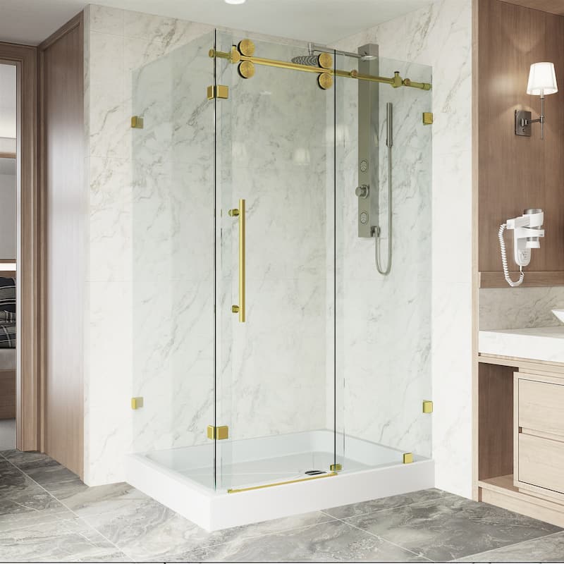 VIGO Winslow Frameless Sliding Shower Enclosure - 36"D x 48"W x 80"H, Right - Matte Brushed Gold