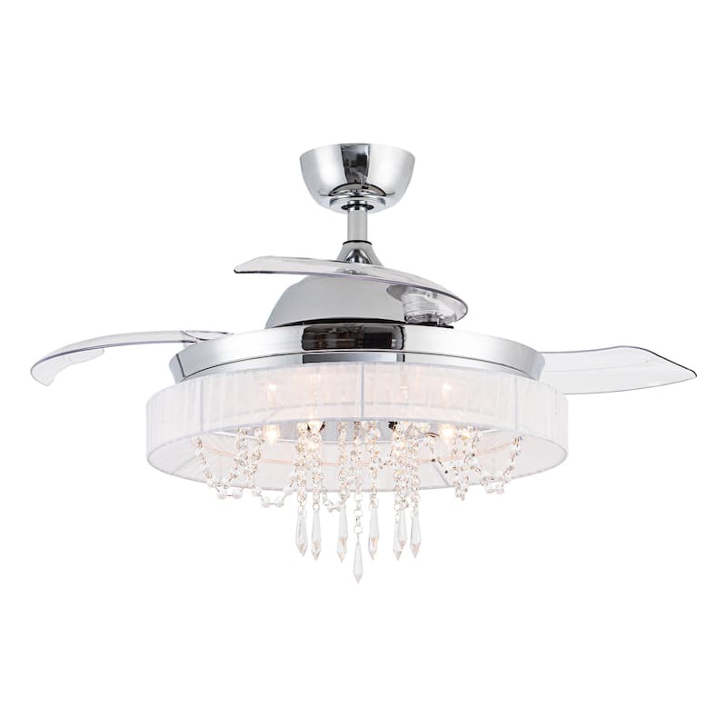 42-in Modern 6-Light 3-Blade Chrome Crystal Chandelier Ceiling Fan with Remote and Light Kit - 42-in W x 27.25-in H