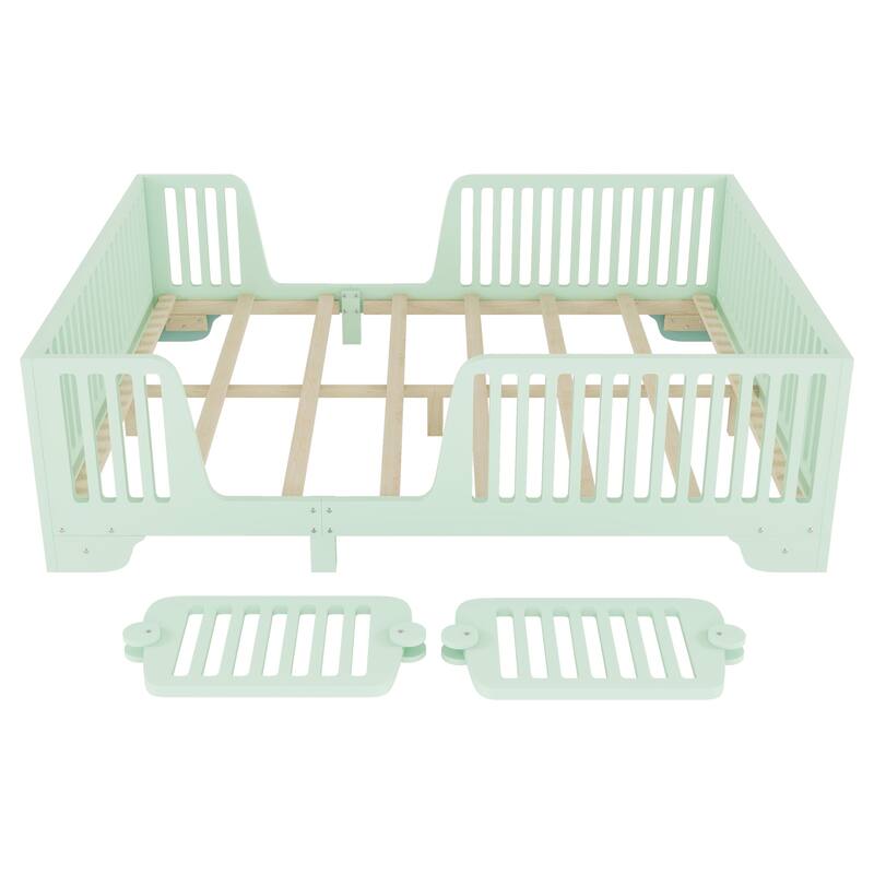 Full/Twin Montessori Floor Bed with Slats, Fence and Door, No Box Spring Needed