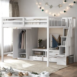 White Full Size Loft Bed Frame with Wardrobe, Safe Low Storage Table and Storage Staircase